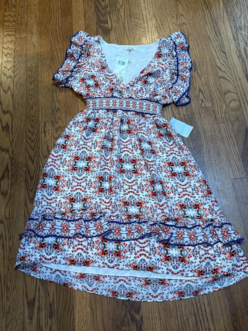 Max Studio Women's Large Floral Smocked Waist Dress with Red & Blue Print
